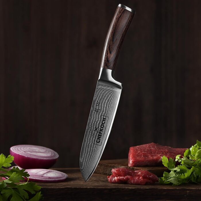 Японський ніж Santoku Wakoli EDIB з дамаської сталі (серцевина VG10), 17 см – гострий ніж для кухні та приготування їжі, преміум якість, з дерев'яною ручкою Pakkaholz, подарункова коробка з гравіюванням логотипу