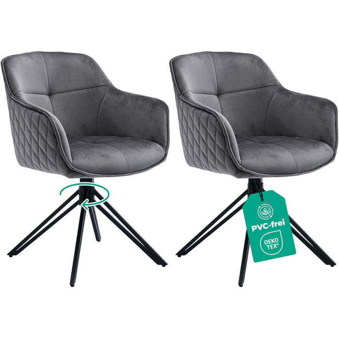 Обідні стільці 2 шт. сірого кольору з пружинним блоком - поворотні, з оксамитовим покриттям - високий рівень комфорту - в ретро-стилі, проста збірка - без ПВХ, сертифіковані Oeko-TEX, з доставкою по Україні