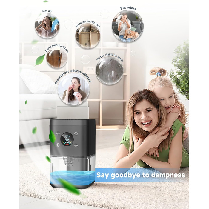 Електричний осушувач повітря 1800 мл - тихий осушувач для дому з функцією відтавання, очищення повітря та захистом від вологи. Ідеально для спальні та ванної кімнати (білий/чорний)