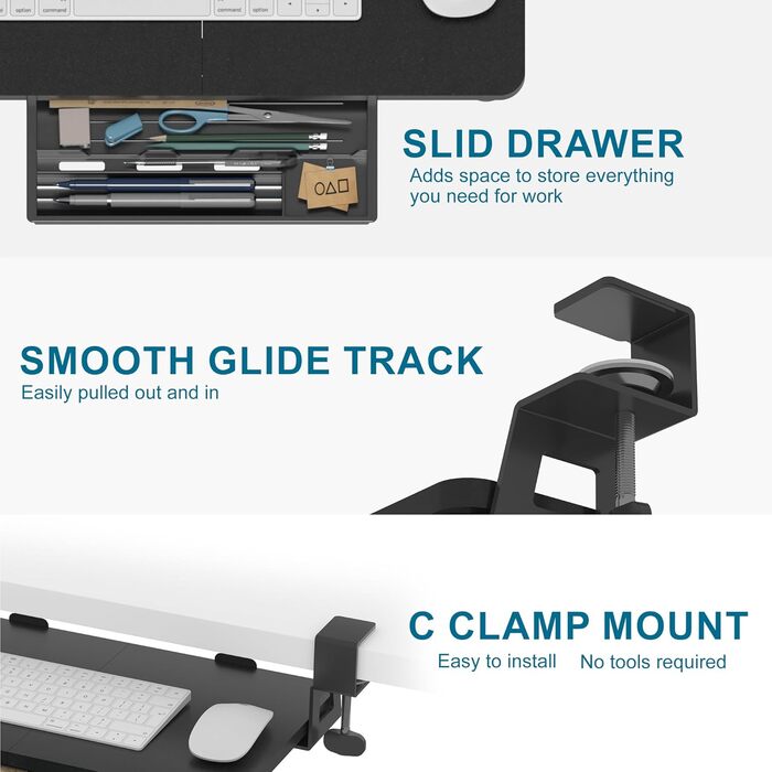 Підставка для клавіатури ETHU, висувна, 50x30 см, з кріпленням C, для монтажу під столом, ергономічна, чорна