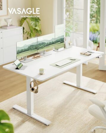 Стол для роботи VASAGLE з регулюванням висоти 160x80 см, USB-C, підставка для розеток, стоячий стіл, нагадування про перерви, 3 пам'яті, для офісу, матовий білий