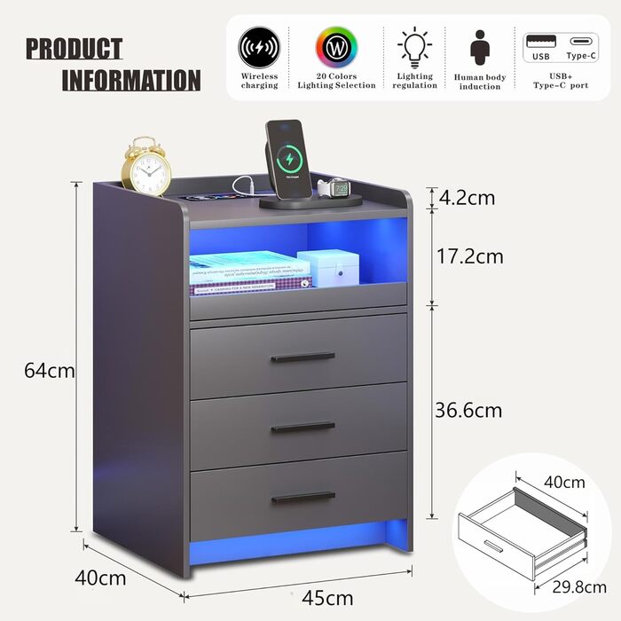 Нічний столик FREDEES з LED-підсвічуванням, ящиком та зарядкою, сірий (2 шт.)