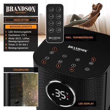Обігрівач Brandson з пультом керування, 2000 Вт, ECO режим, осциляція, захист від дітей, таймер, LED-підсвічування, для ванної, вітальні, офісу, дитячої кімнати