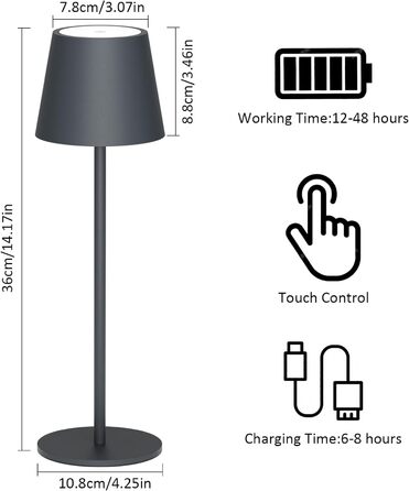 Набір з 2 світлодіодних акумуляторних настільних ламп, 3000K з можливістю затемнення, IP54 зовнішня, алюміній, внутрішня/зовнішня (антрацит)