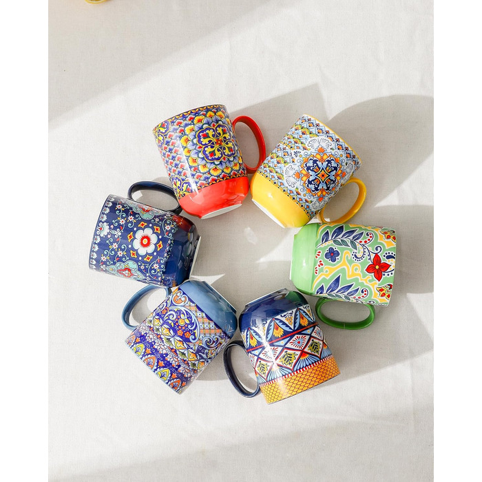 Набір чашок для капучино HENXFEN: 6 чашок з порцеляни, 600 мл, з ручкою, для кави, чаю, молока, богемний стиль