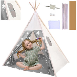 Дитячий намет-типі Kindertipi Dacron 120x120x160 см з вікном, миється, для дитячої кімнати, 4-х стовпчиків, білий (сірий та білий)