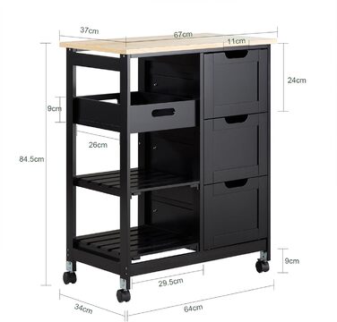 Сервізний візок SoBuy з колесами - кухонний візок з 2 знімними полицями та 1 підносом - додатковий візок на колесах для кухні, вітальні, їдальні - чорний, 68x85x38 см, до 50 кг, МДФ, FKW79-SCH