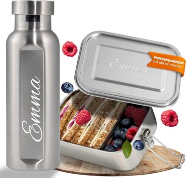 Ланчбокс з нержавіючої сталі з гравіюванням імені + пляшка для води – 800 мл, 470 мл, з роздільником, захист від протікання, бенто-бокс – подарунок, 1 вересня, спорт, відпочинок на природі