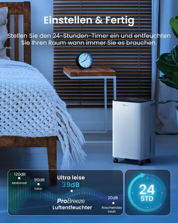 Електричний осушувач повітря Pro Breeze 20L - для дому, від вологи та цвілі, з функцією прання, таймером, фільтром, смарт-додаток, до 35 м²