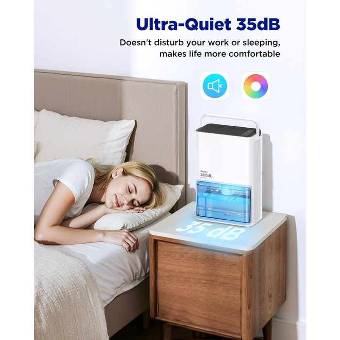 EasyAcc Електричний осушувач повітря 1200 мл, компактний, тихий, портативний, з автовимкненням та режимом сну, для дому та офісу (білий)