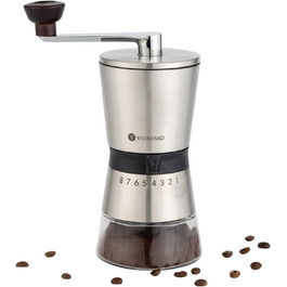 Ручна кавомолка з 8 ступенів помелу – кавомолка з нержавіючої сталі з керамічним жорном для еспресо, фільтра та френч-прес – велика ручна кавомолка для дому та офісу, срібна, кераміка