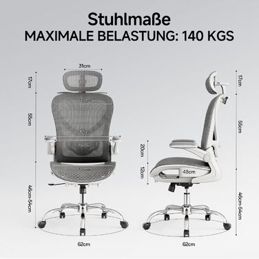 Офісне крісло LarkLeaves з ергономічною спинкою, регульованими підлокітниками, підставкою для попереку та підголівником. Максимальне навантаження 140 кг, сірий колір.