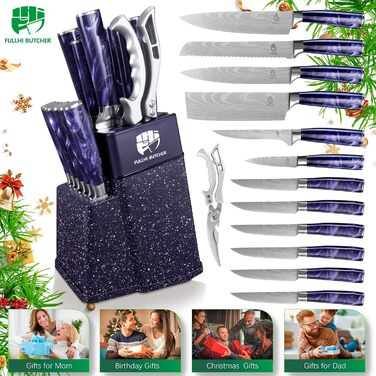 Набір кухонних ножів Fullhi 14 предметів з бруском та чохлом, набір кухонних ножів для приготування стейків, кольорова ручка (фіолетовий смоляний)