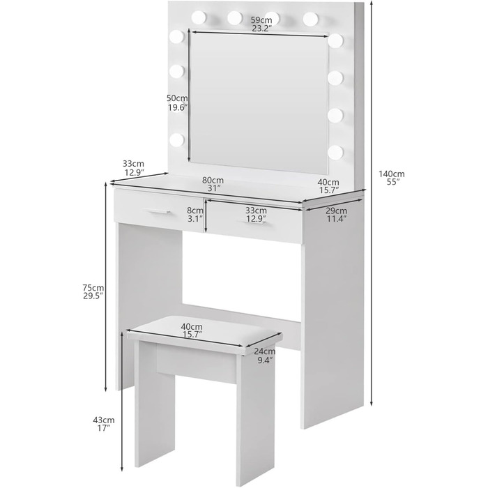 Туалетний столик з дзеркалом і підсвічуванням, 3 кольори, 2 ящики, табурет, білий