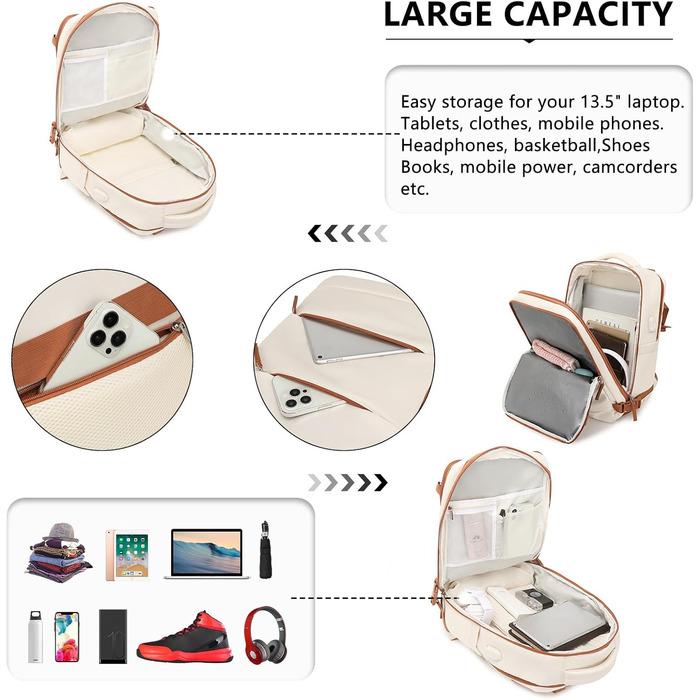 Рюкзак KONO для ручної поклажі 42x30x20, 25L, для ноутбука, Outdoor, для подорожей, спортивний, Weekender, з відділенням для взуття, 42.0 x 30.0 x 20.0 см, Бежевий та Коричневий