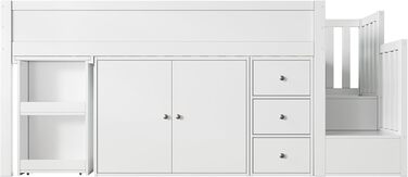 Ліжко дитяче 90x200, дерев'яне з шухлядами, полицями та бічною панелью, захистом від падіння, ламелями та місцем для зберігання, підліткове, функціональне, без матраца, біле