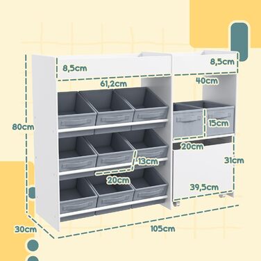 Дитяча полиця AIYAPLAY з 11 ящиками для зберігання, книжкова полиця для дітей, органайзер іграшок, полиця для дитячої кімнати з верхніми секціями, 3 наклейки для дитячої кімнати/садочка, 105 x 30 x 80 см, білий