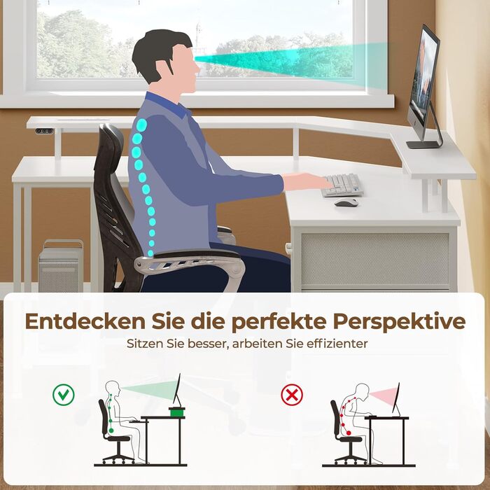 Ігровий кутовий стіл Seventable L-подібної форми з LED підсвіткою, розетками та 3 текстильними висувними ящиками, білий, 135x135x88 см