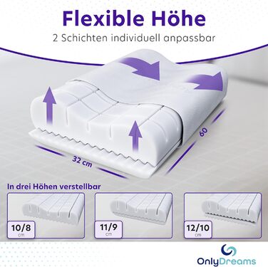 Ортопедична подушка для шиї OnlyDreams з гелевим шаром | Регульована висота + вибір жорсткості | Чохол з алое вера | Підходить для сну на спині, животі та боці - Оeko-TEX® (Memory Foam, 60x32x12/10 см)