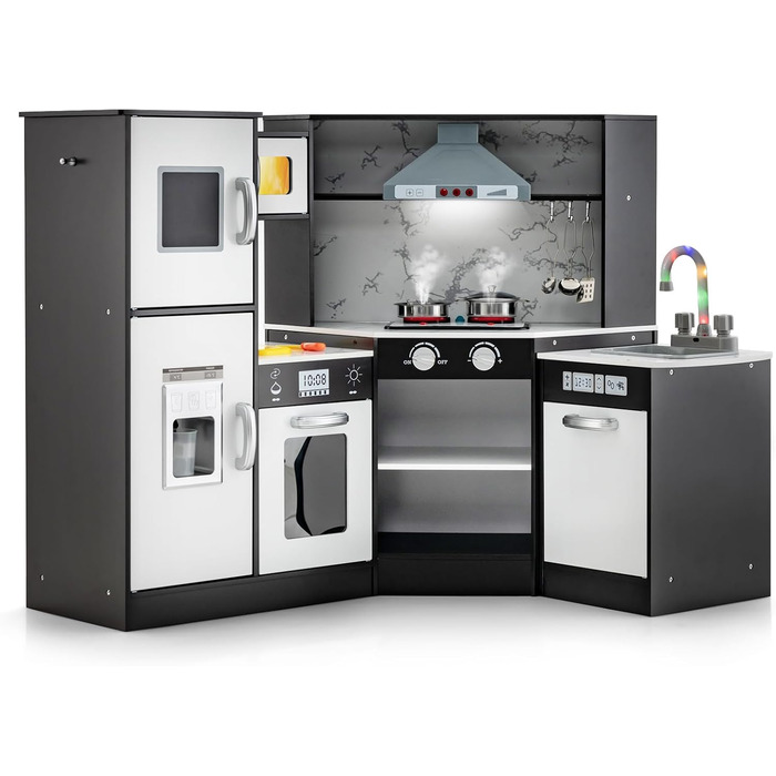Дерев'яна дитяча кухня DREAMADE з аксесуарами (16 шт.), кухонний кутовий набір з плитою, духовкою, мийкою та дощечкою, ігровий кухонний набір з підсвіткою та звуком для дівчаток віком від 3 років (колір: коричневий)