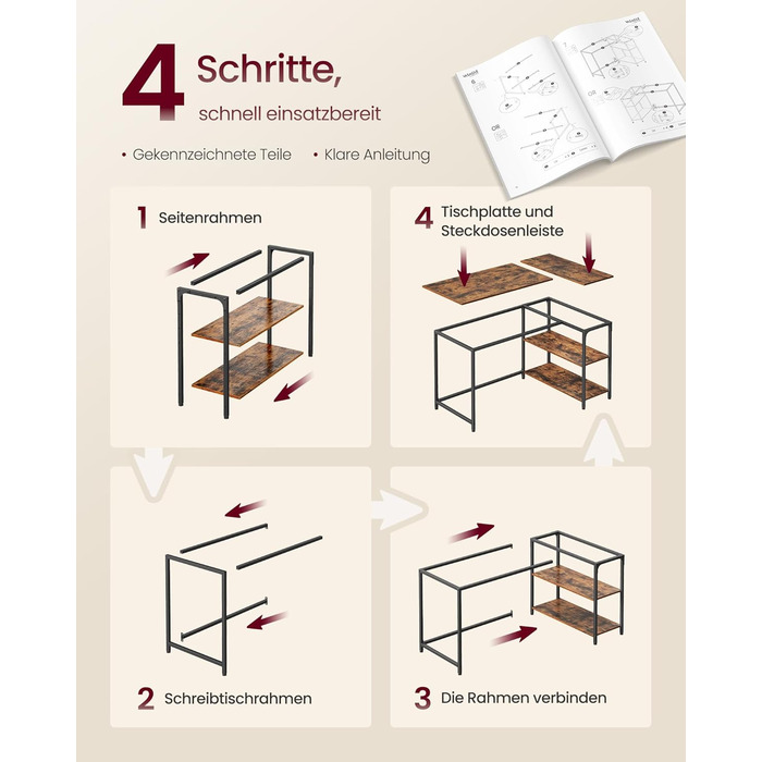 Кутовий стіл VASAGLE L-подібної форми з полицею, для офісу та дому, 110 x 80 см, vintage brown