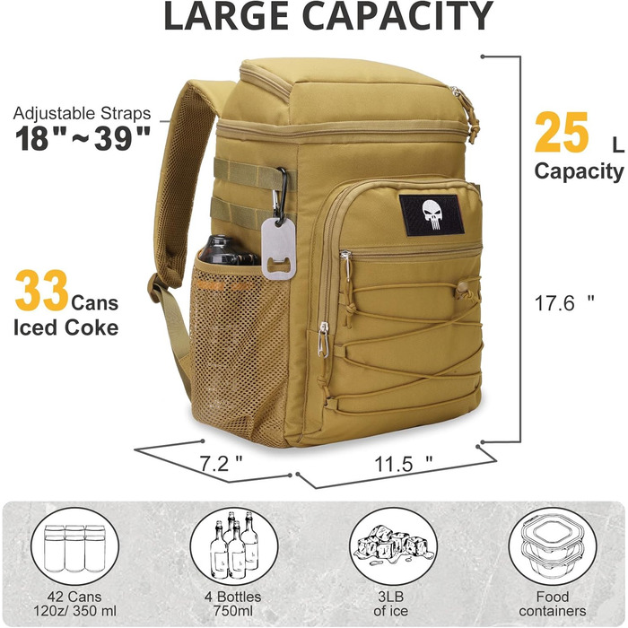 Тактичний холодильний рюкзак 25L – ізольований, водовідштовхуючий, міцний. Ідеальний для роботи, відпочинку, кемпінгу та піших прогулянок (Колір: Коричневий)