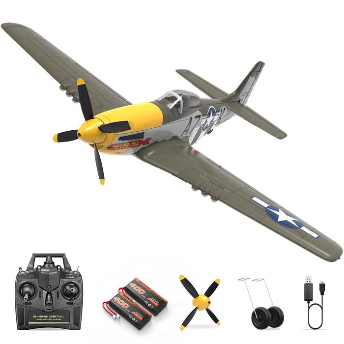 RC літак HAWK'S WORK P-51D Mustang 2.4GHz - Готовий до польоту, 6-осьовий гіростабілізатор, для дітей та початківців (зелений, безщітковий)
