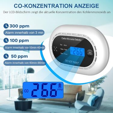 Детектор чадного газу з батареєю на 10 років, LCD-дисплеєм, акустичним сигналом 85dB, функцією вимкнення звуку, для безпеки вдома, EN50291, автономний, чорний
