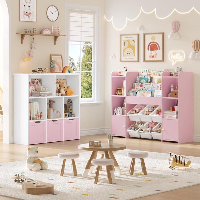 FOREHILL Дитяча полиця-стеллаж для іграшок та книг з 6 ящиками, 119 x 29,5 x 94 см, білий (рожевий)