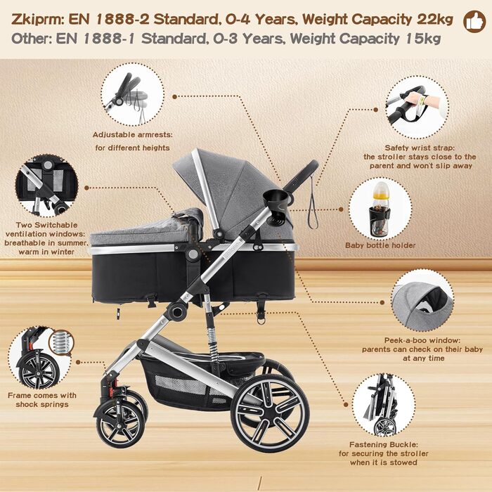 Дитяча коляска 3 в 1, система подорожей з автокріслом, візок з регульованими підлокітниками, комбінована коляска з дощовиком, москітна сітка, алюмінієвий каркас, прогулянкова коляска для 0-4 роки, чорний (SK21-Blau)