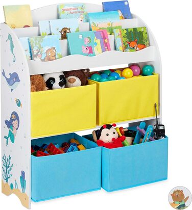 Дитяча полиця Relaxdays, 4 коробки, мотив русалки, зберігання іграшок, дитяча кімната HxWxD 98 x 82,5 x 30 см, барвистий