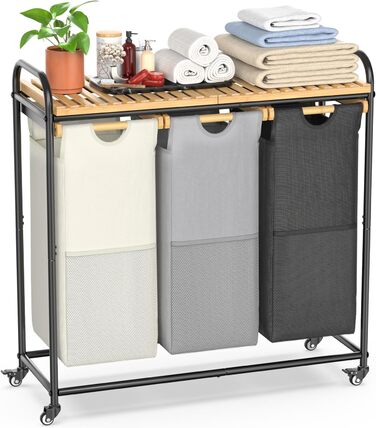 Кошики для білизни з сортуванням 3x40л, з висувними кишенями та роликами (Чорний/Білий)