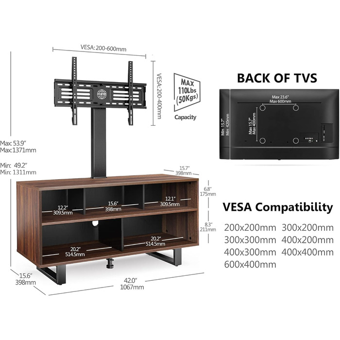 Тумба під телевізор FITUEYES з кронштейном, дерев'яна, 3270 дюймів, регульована по висоті, поворотна, до 50 кг, VESA 600x400