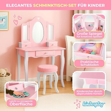 Дитячий туалетний столик Kinderplay Green з дзеркалом та стільчиком – Рожевий комплект для гри та макіяжу