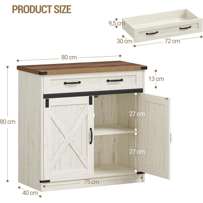 Кухонна шафка Hzuaneri з шухлядою, шафа для зберігання з 2 дверцятами, регульовані полиці, стиль кантрі, для кухні/вітальні, вінтажний коричнево-білий SC94814X (40x80x80 см)