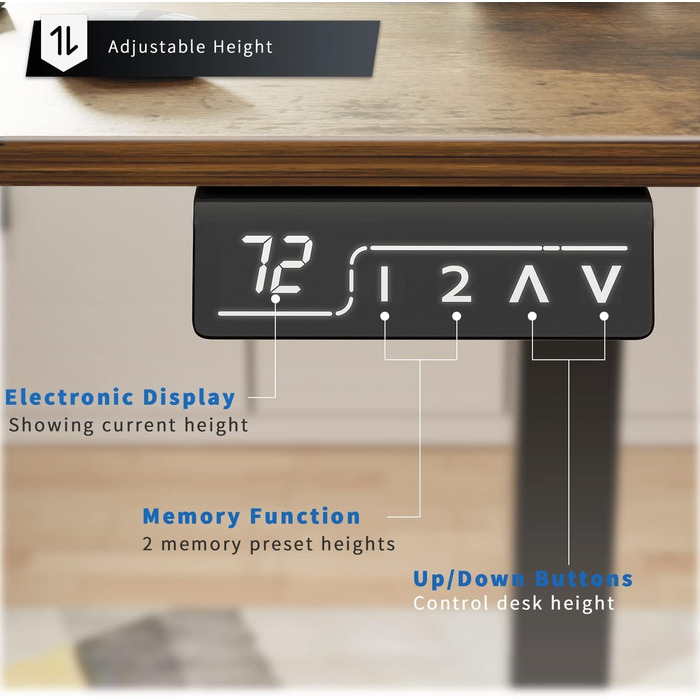 Регульований по висоті електричний стіл 120х60 см, 72-120 см, 2-х функціональний пам'ять, вінтажний коричневий