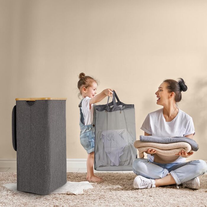 Кошик для білизни Rieeyrslza з кришкою, 158 л, бамбук, 2 мішки, Oxford, складний, сортувальник, для ковдр та одягу (сірий)