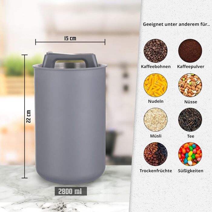 Контейнер для кави KC Kitchen & Co. – герметичний, 1 кг, нержавіюча сталь, вакуумний клапан, для кави, чаю, цукру, мюслі, білий матовий (2800 мл)