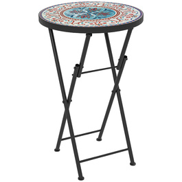Outsunny Side Table Складаний садовий стіл з мозаїчним дизайном, Ø35.5 x 55 см Круглий атмосферостійкий металевий балконний стіл, Кемпінговий стіл Розкладний стіл Журнальний столик для вітальні, офіс, Відкритий Внутрішній, Багатокольоровий