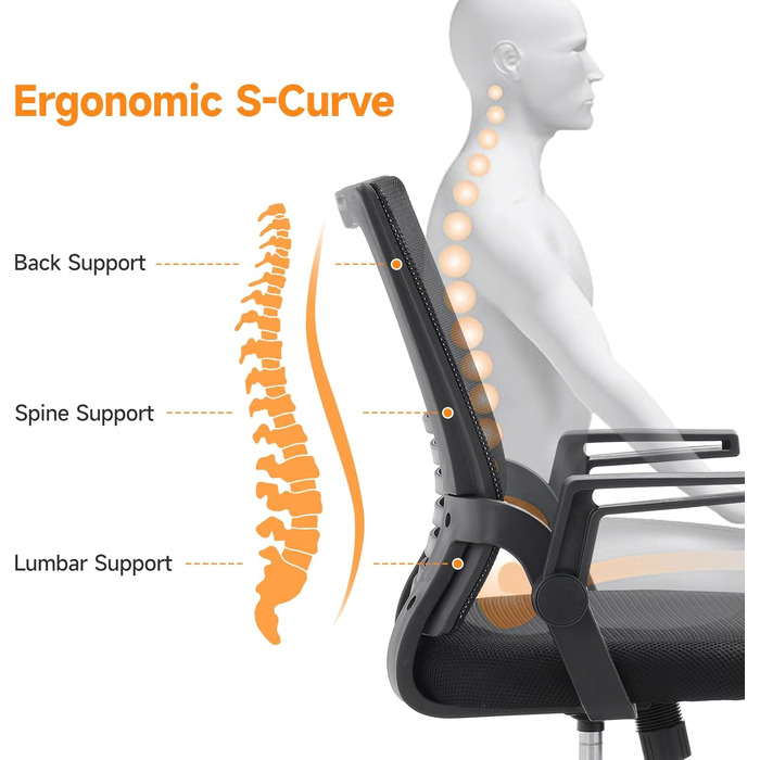 Ергономічне офісне крісло Warmiehomy, сітка, складний підлокітник, поворотний, регульований по висоті, поперекова підтримка, чорний