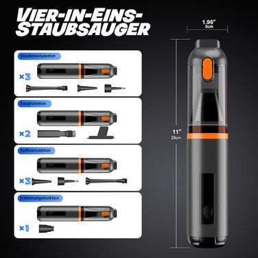 Акумуляторний ручний пилосос для авто та дому 4-в-1, безщітковий мотор, потужність 26000Па, 3 режими всмоктування, з підсвіткою (Помаранчевий)