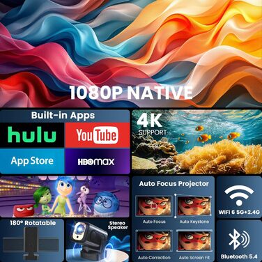 Портативний проєктор Beamer 4K з автофокусом та WiFi 6, Bluetooth 5.4 (2025 модель) – підтримка HDMI, USB, TV Stick, Laptop, чорний