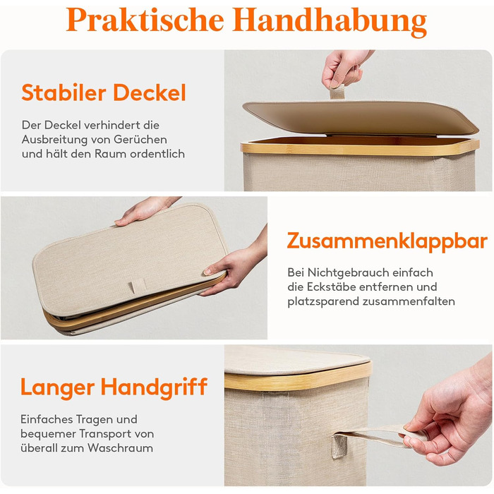 Кошик для білизни Lifewit 50L з кришкою, бамбуковий, з ручкою, для квартири, гуртожитку, кемпінгу, бежевий