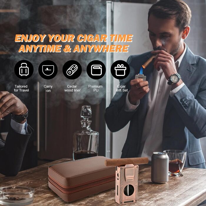 Умидник для сигар з натуральної шкіри, 5-в-1 комплект з запальничкою та вологоміром, коричневий