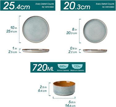 Набір посуду Vancasso Steingut 24 шт. для 8 осіб: тарілки, салатники, супові миски. Серія Galaxie, ONION (світло-блакитний)