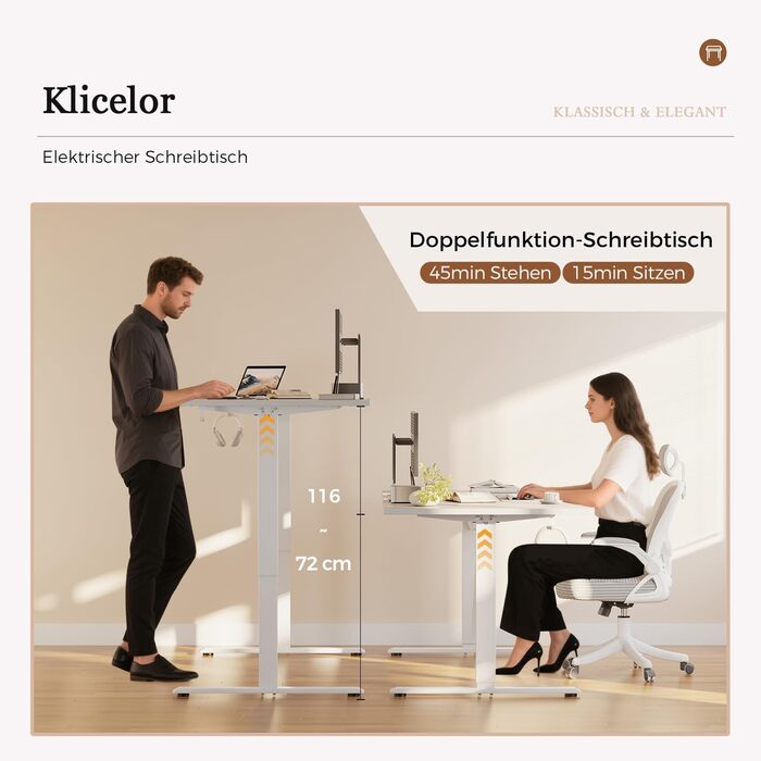 Регульований за висотою стіл Klicelor, електричний, з пам'яттю, 120x80 см, білий