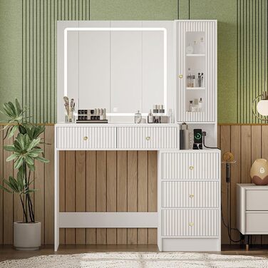 Дзеркальний туалетний столик Belife з підсвічуванням та 7 шухлядами, з розеткою та 3 кольорами світла для спальні (V3)