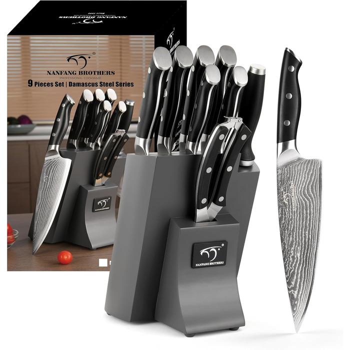 Набір кухонних ножів NANFANG BROTHERS 9 предметів з дамаської сталі, кухонний набір ножів для професійних кухарів, з ергономічною ручкою (сірий)