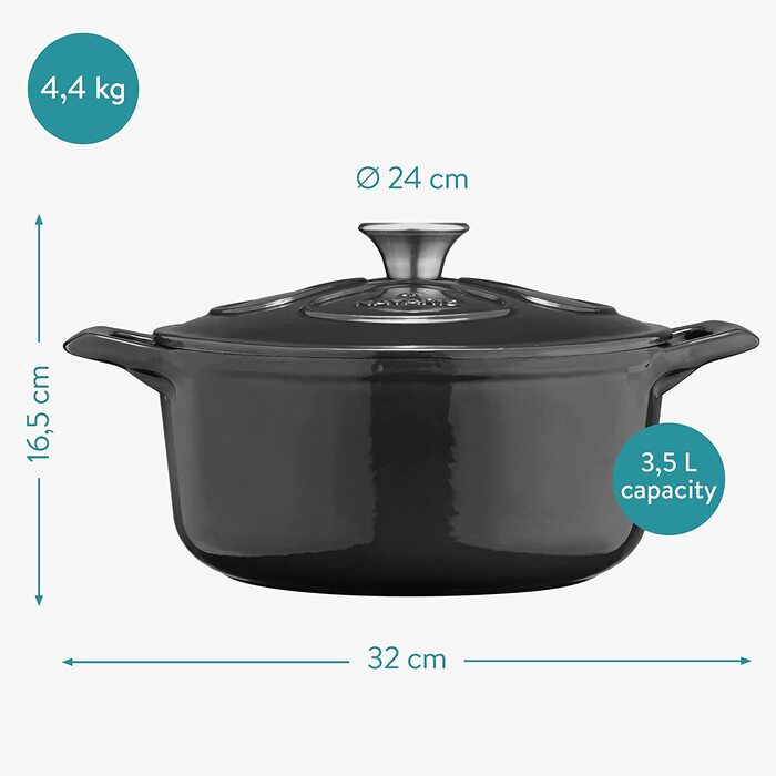 Наварис чавунна каструля для запікання Каструля для приготування їжі об'ємом 3,5 л - Ø 24 см, емальована жаровня, термостійка - для всіх продуктів і поверхонь для приготування їжі