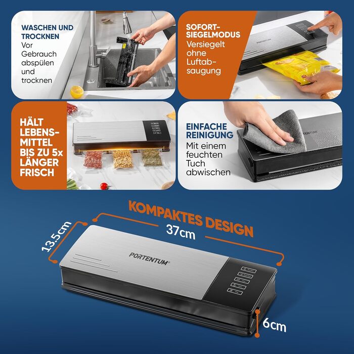 Вакууматор для продуктів PORTENTUM з корпусом із нержавіючої сталі та набором з 10 пакетів, вакуумний пакувальник та зварювач пакетів